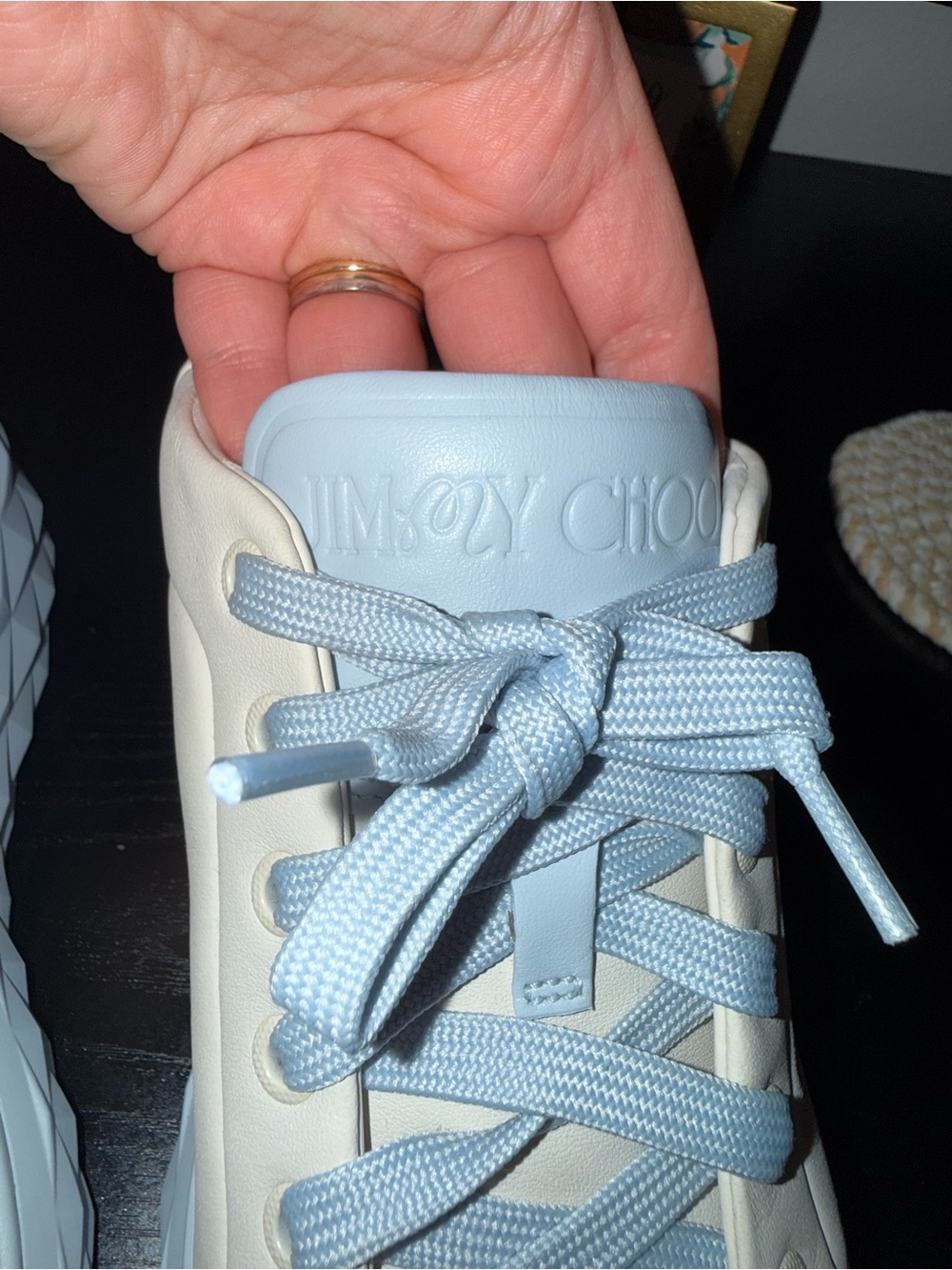 Jimmy Choo Leather Sneakers Platform Cream Blue Lace Up Size 37.5 - Picture 8 of 10